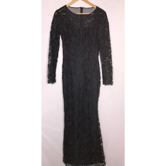 ML Monique Lhuillier Lace Tower Dress Sheer Back Lace Overlay Maxi Black Size 6 - Picture 5 of 11